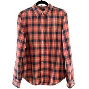 Gap Men’s Orange Blue Linen Long Sleeve Button Down Plaid Shirt Size M